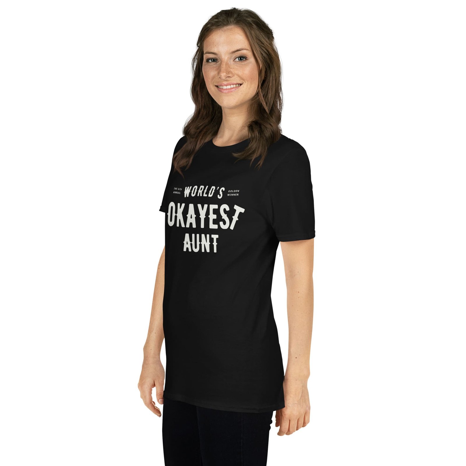 unisex-basic-softstyle-t-shirt-black-left-front-65f81c266c028.jpg World's Okayest Aunt