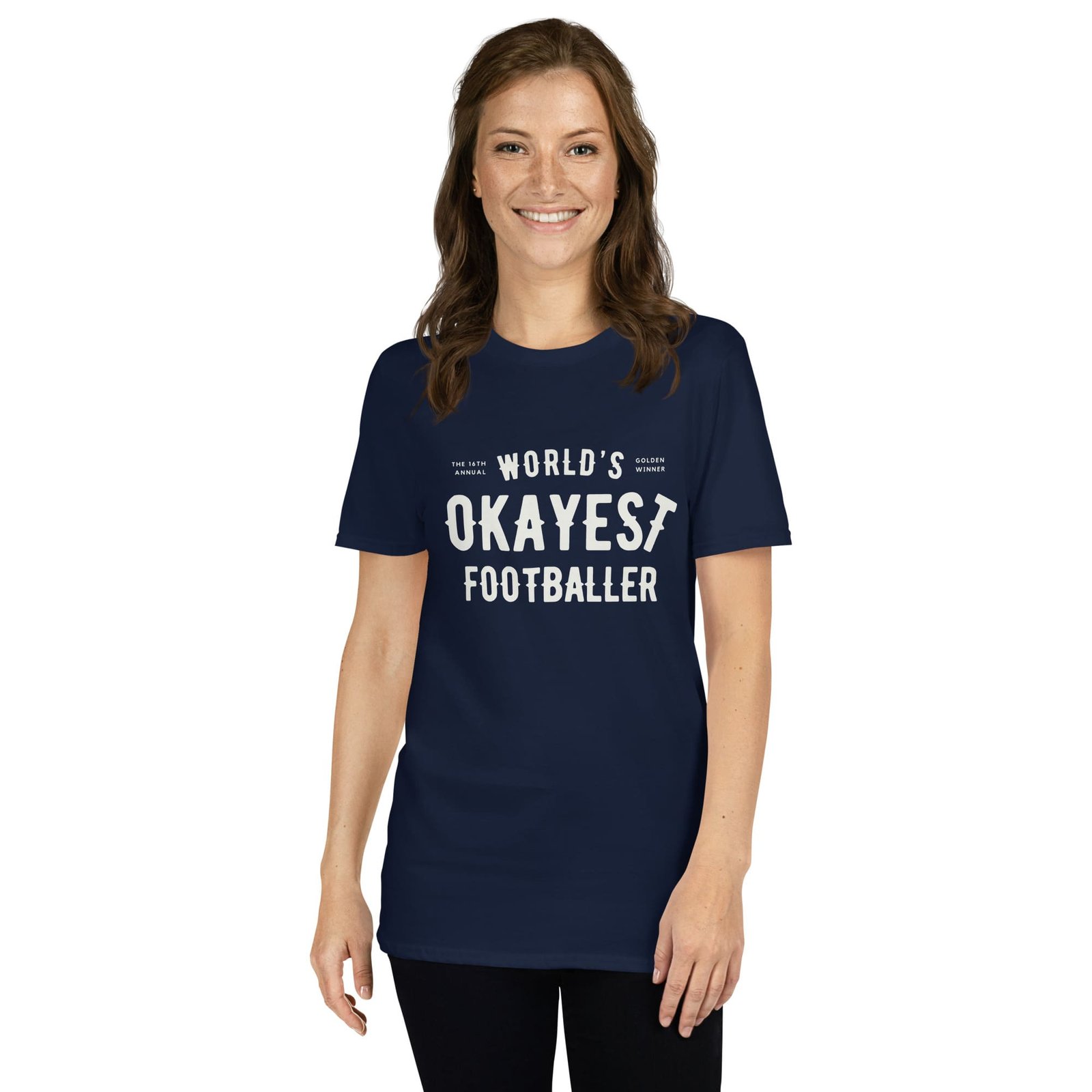 unisex-basic-softstyle-t-shirt-navy-front-65f757e0d2a52.jpg World's Okayest Footballer