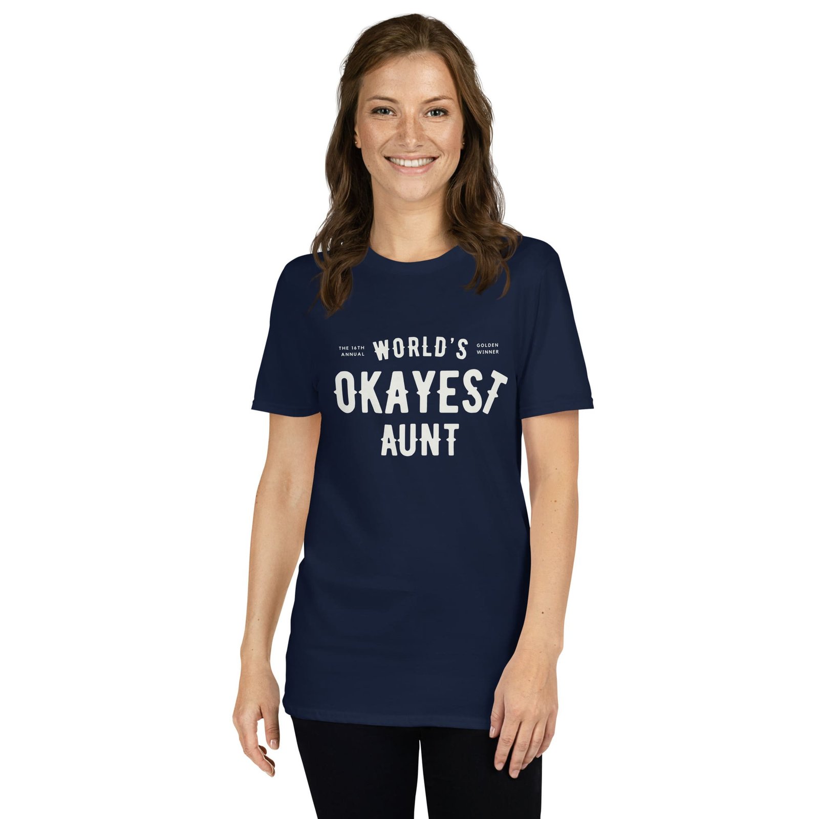 unisex-basic-softstyle-t-shirt-navy-front-65f81c266c8af.jpg World's Okayest Aunt