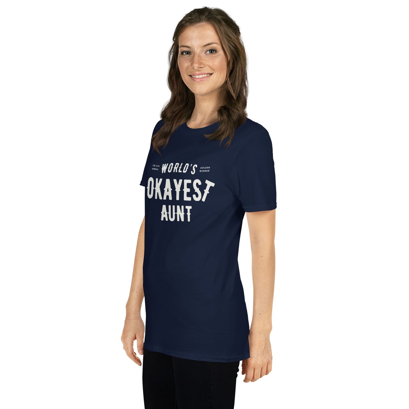 unisex-basic-softstyle-t-shirt-navy-left-front-65f81c266d4dd.jpg World's Okayest Aunt