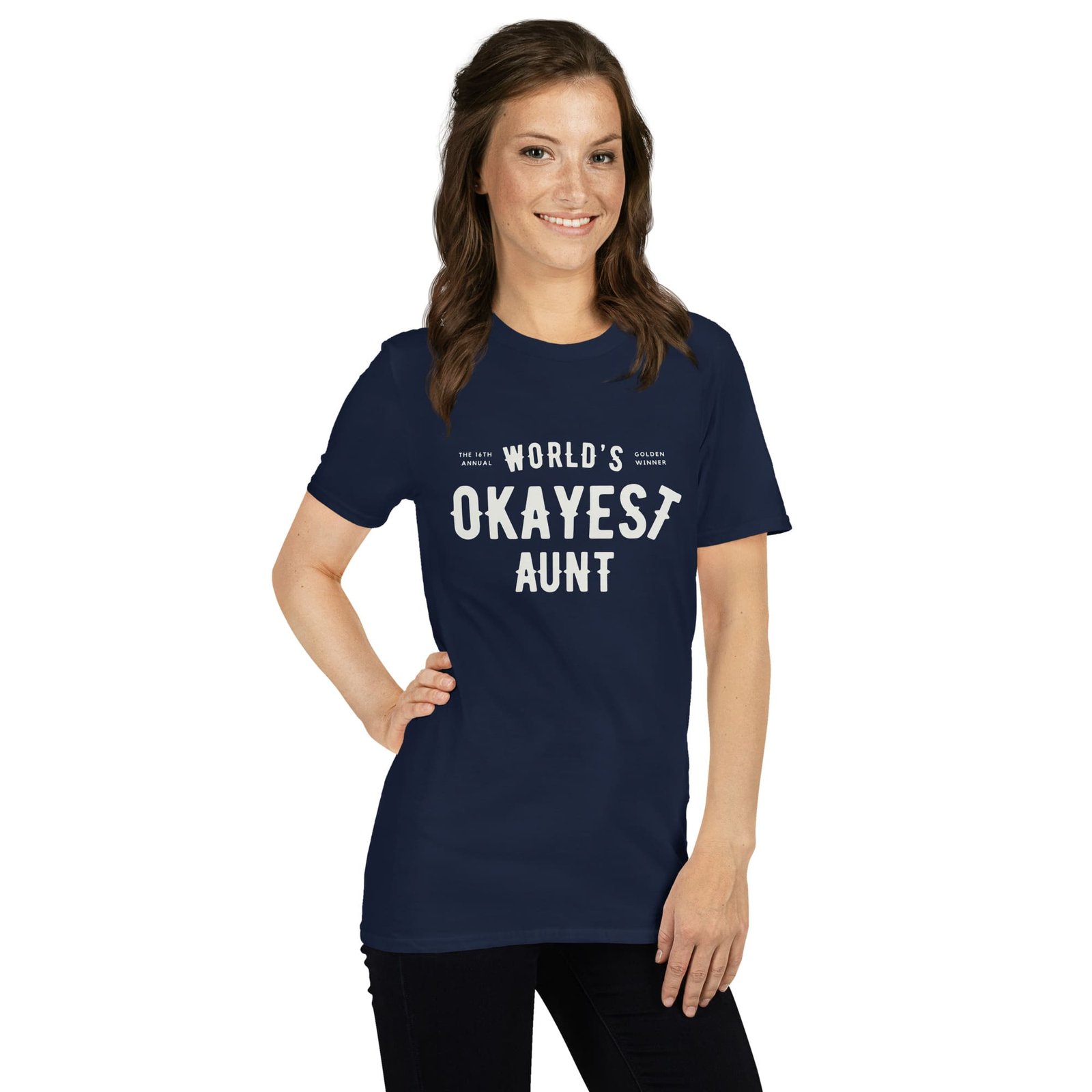 unisex-basic-softstyle-t-shirt-navy-right-front-65f81c266deb4.jpg World's Okayest Aunt